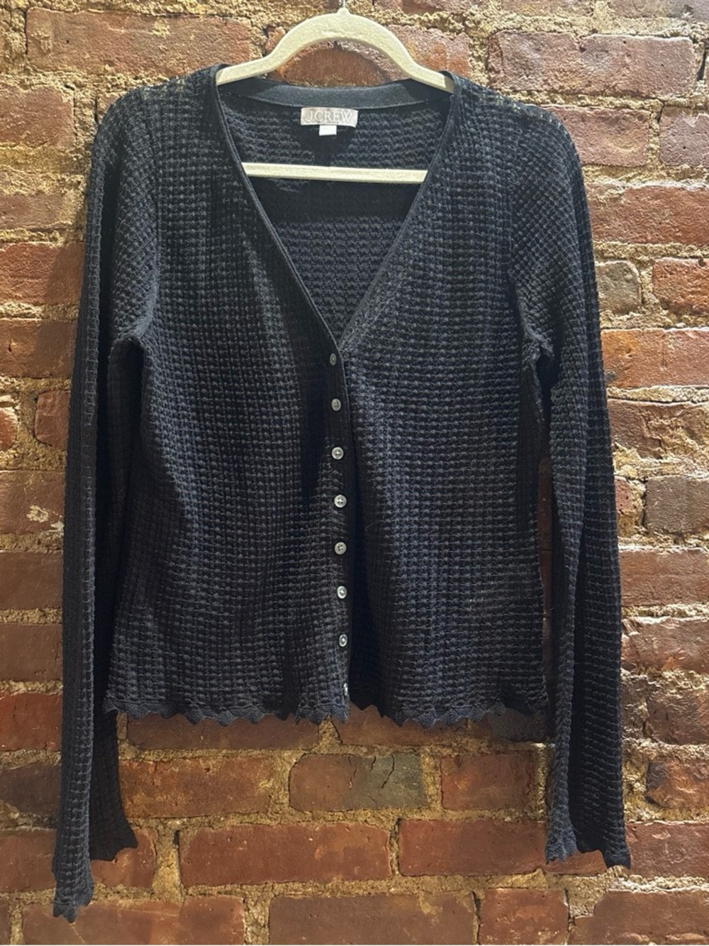 J. Crew NWOT Black Waffle-Knit Scalloped Button-Front Sweater Cardigan Size L